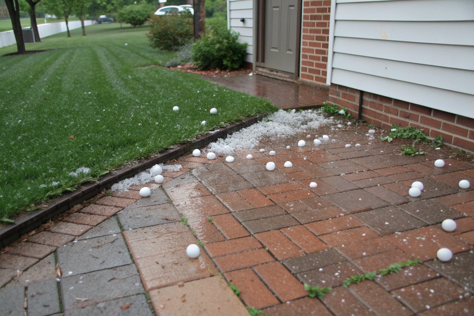 Golf-ball-sized hailstones scattered across a brick patio and lawn after a storm