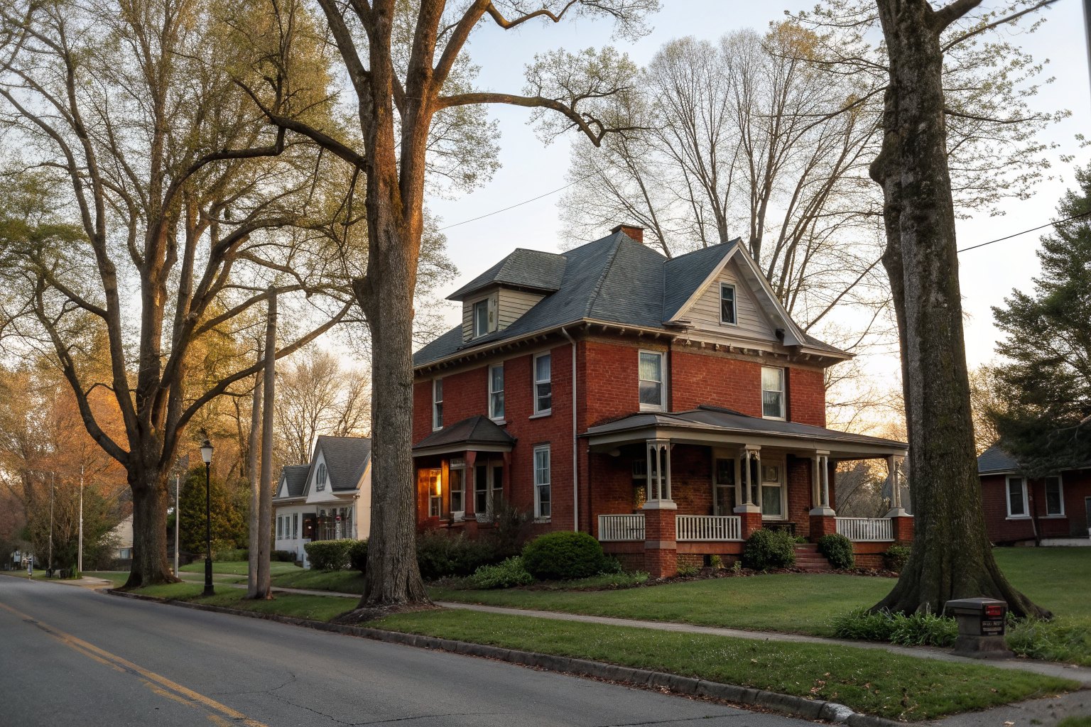 A two-story red brick house with a charcoal shingle roof and a covered front porch under tall maple trees