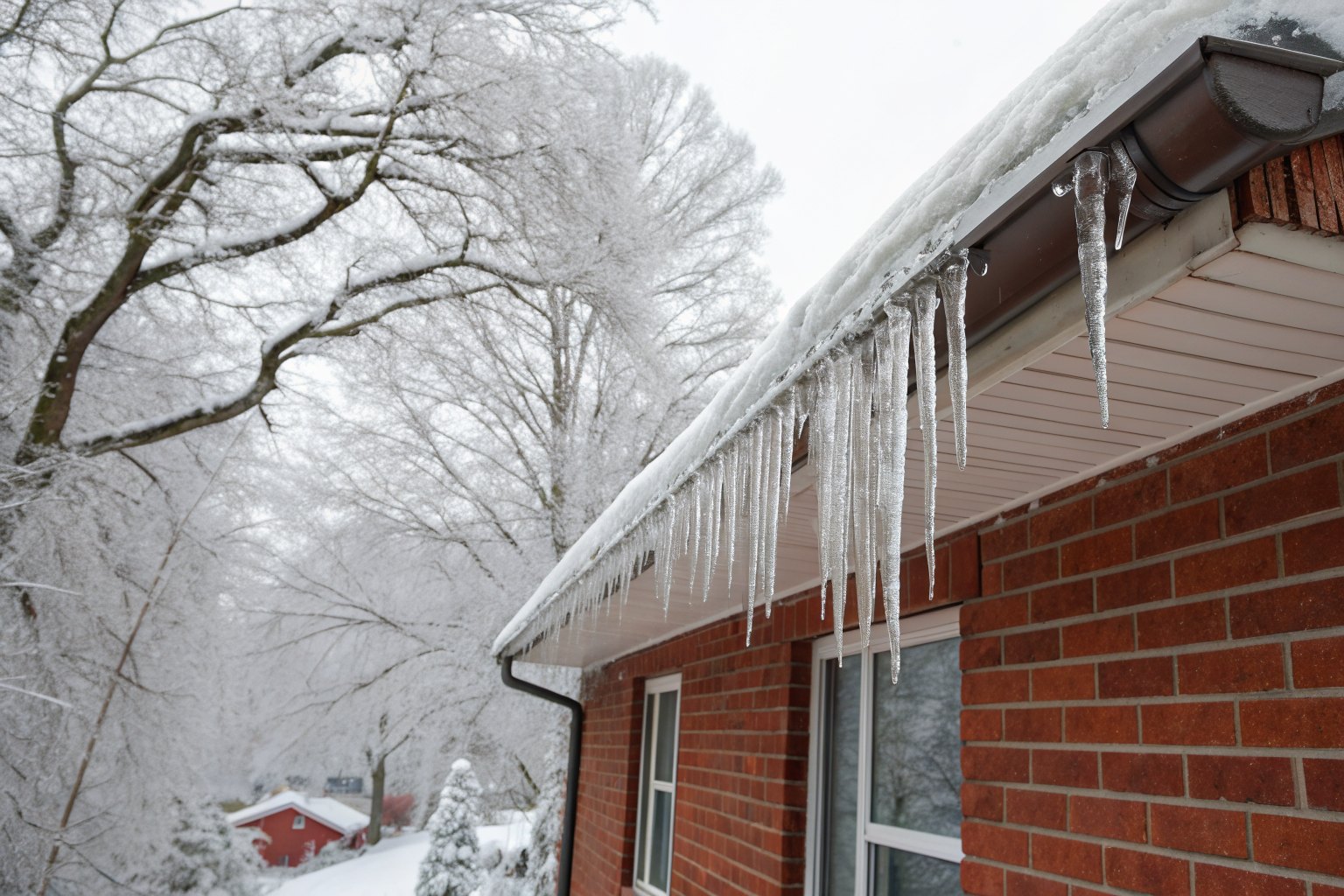 Icicles and a ridge of ice along the gutter of a brick house on a winter morning