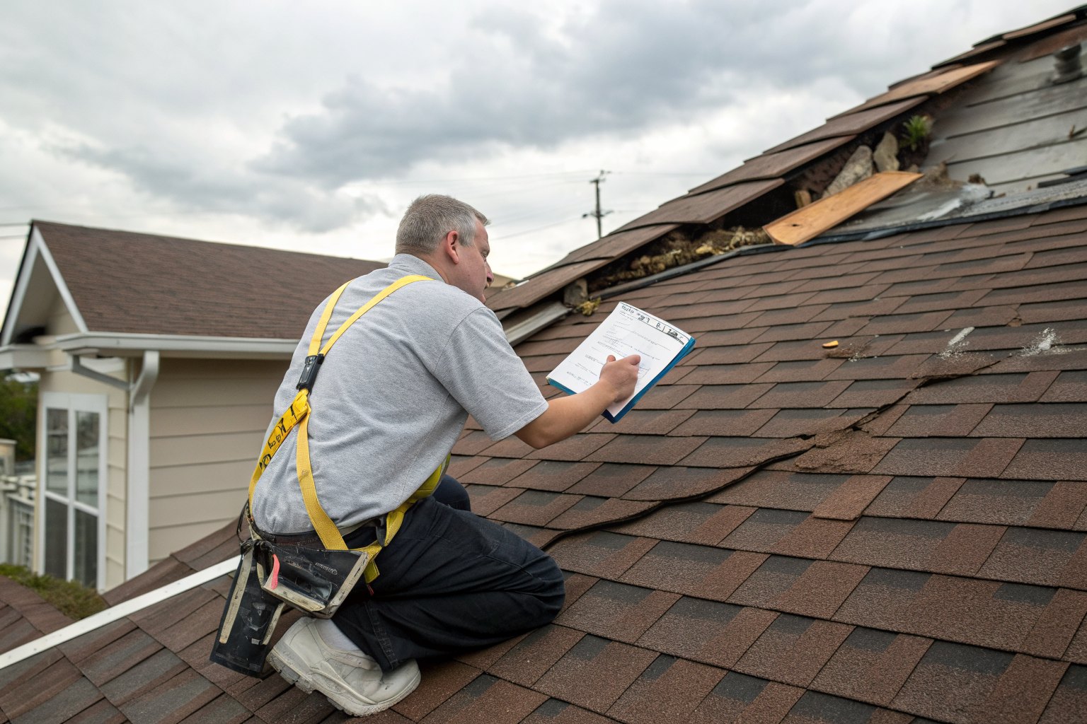 A roofer kneeling on a shingle roof with a clipboard, checking storm marks