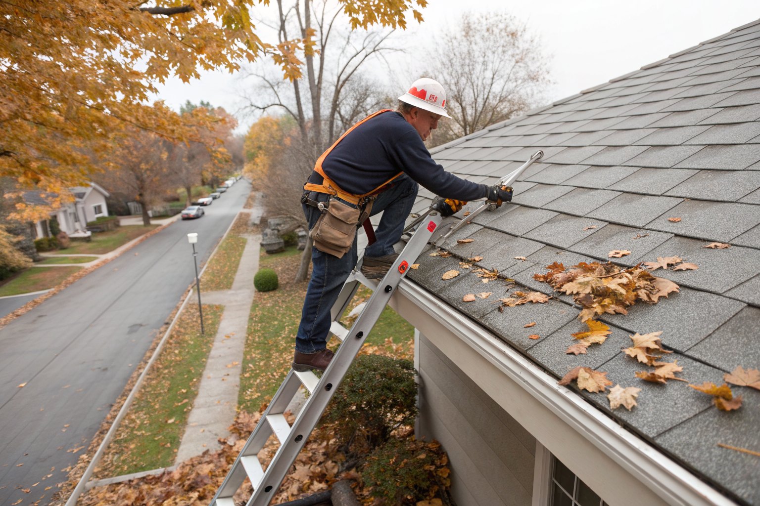 A roofer on a ladder clearing leaves from a gutter and checking the roof edge in autumn
