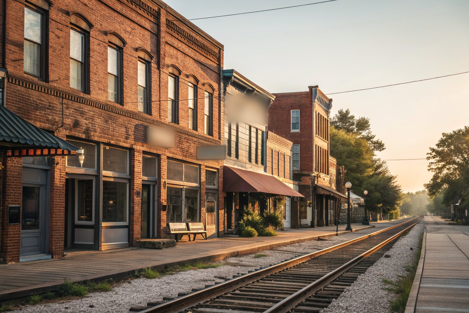 A small-town main street of brick storefronts with railroad tracks running down the middle