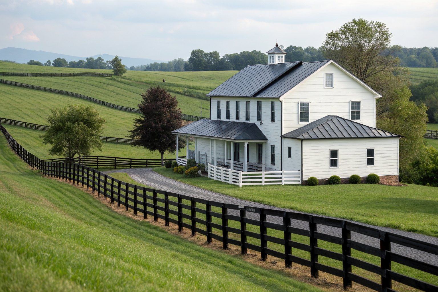 A white farmhouse with a black standing-seam metal roof beside a pasture with a plank fence
