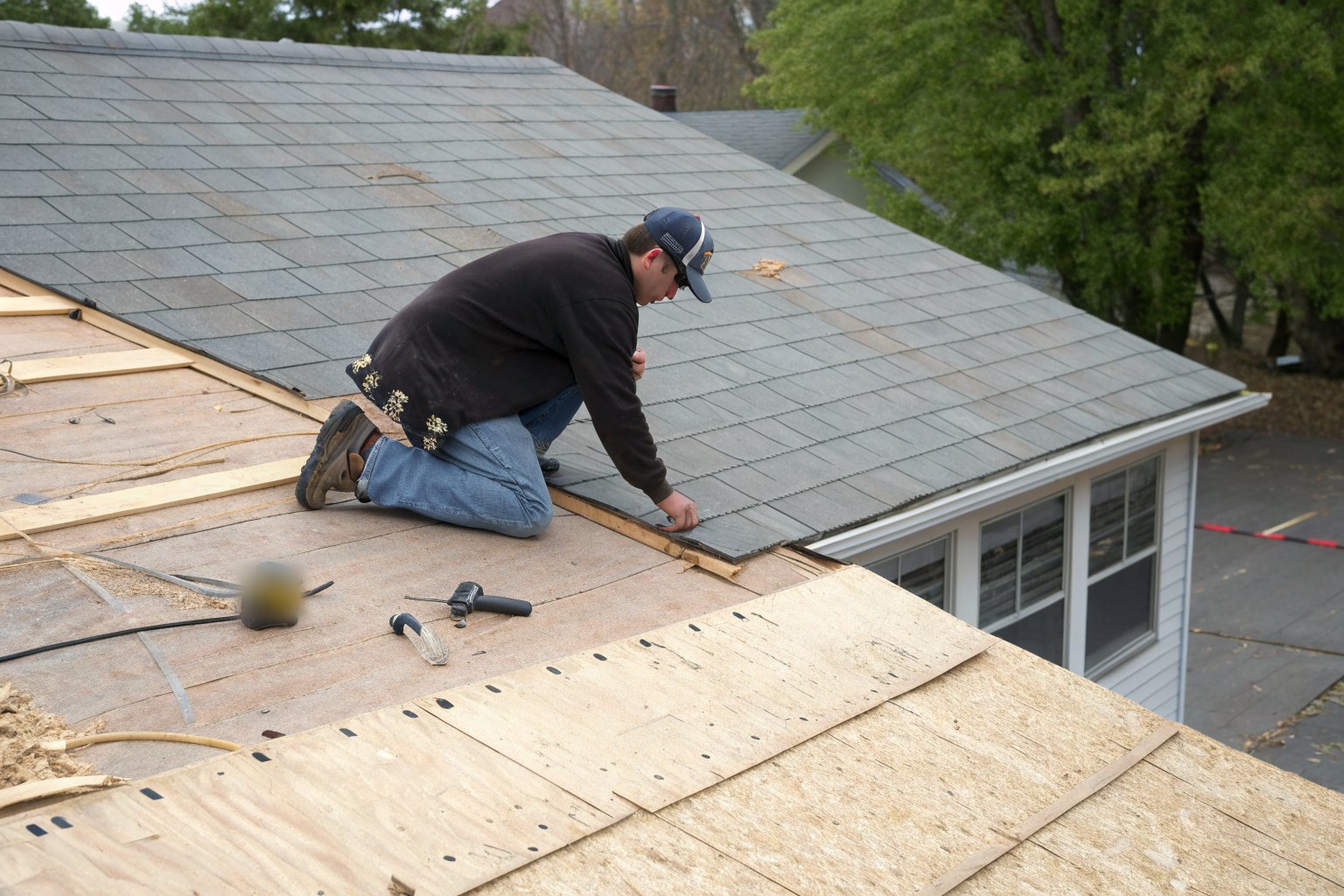 A roofer fastening new wood sheathing where rotted roof decking was cut away