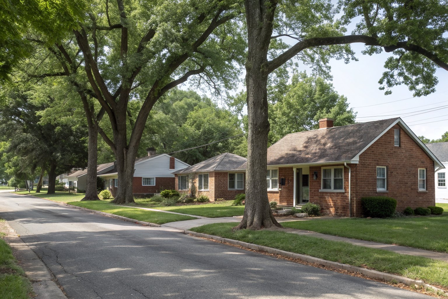 Small 1950s brick Cape Cod and ranch houses under big old trees on a quiet street