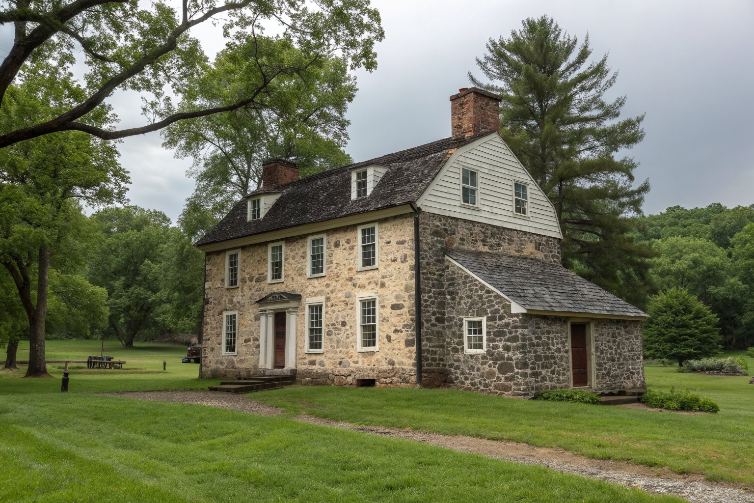 A two-story historic stone building from the late 1700s with a shingle roof and a green lawn
