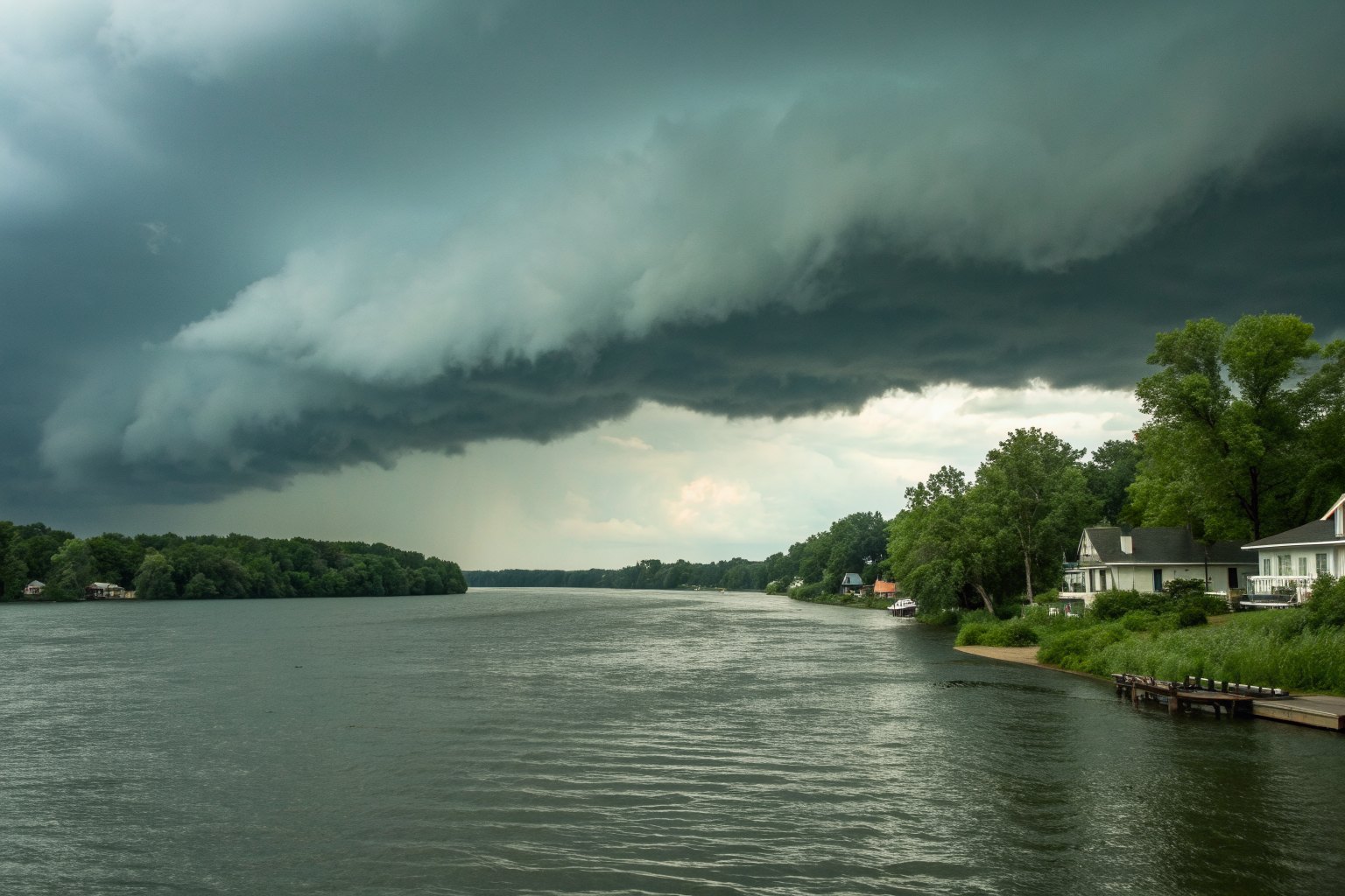 A dark storm cloud building over a wide river with wooded banks and houses on the far shore