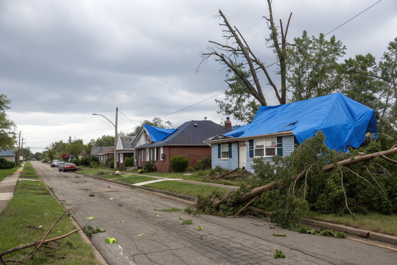 Blue tarps over damaged roofs on a suburban street, with broken tree limbs in the yards