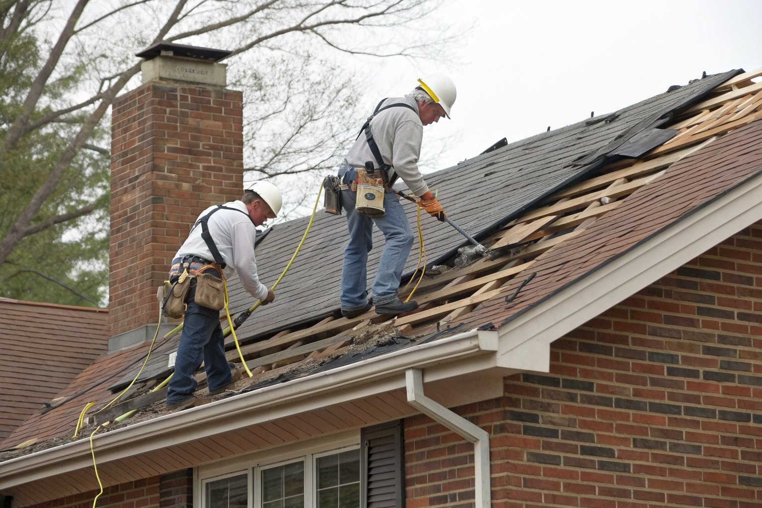 Two roofers in hard hats stripping old shingles from a brick house down to the wood deck