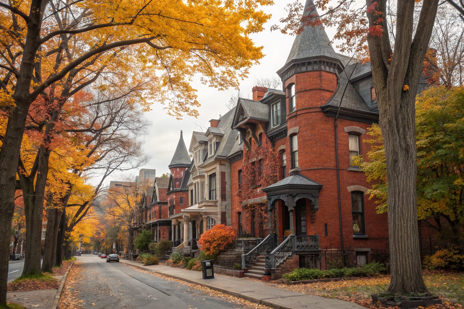 Tall red brick Victorian houses with steep roofs and turrets on a tree-lined city street