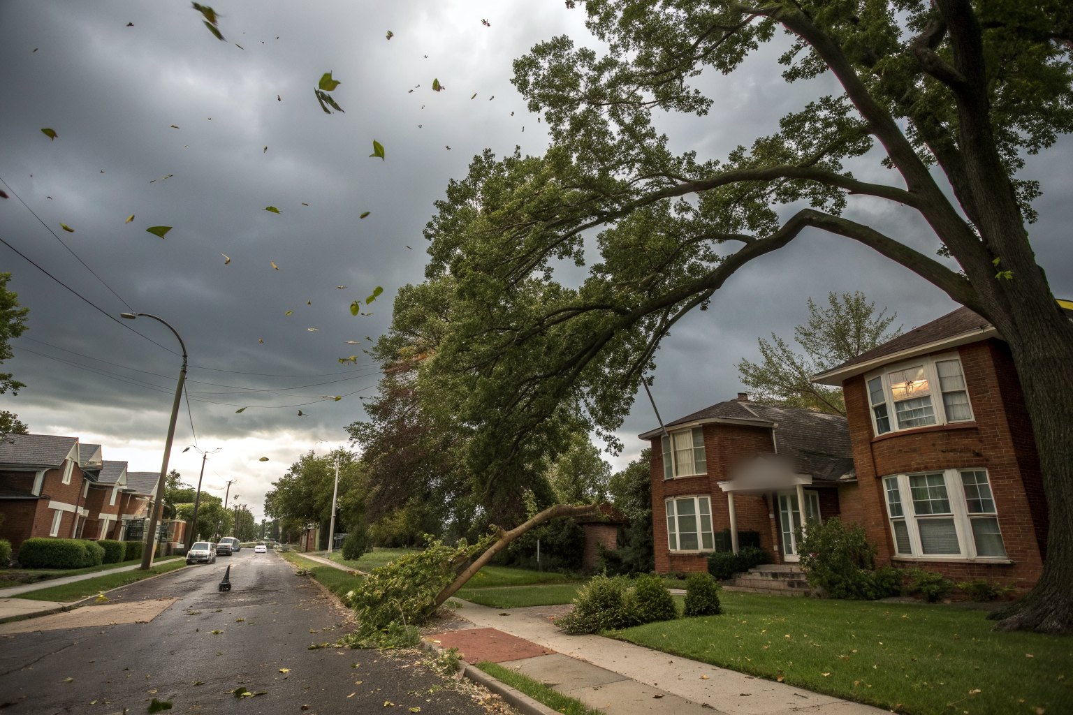 Trees bending in strong wind over a street of brick homes under a dark sky