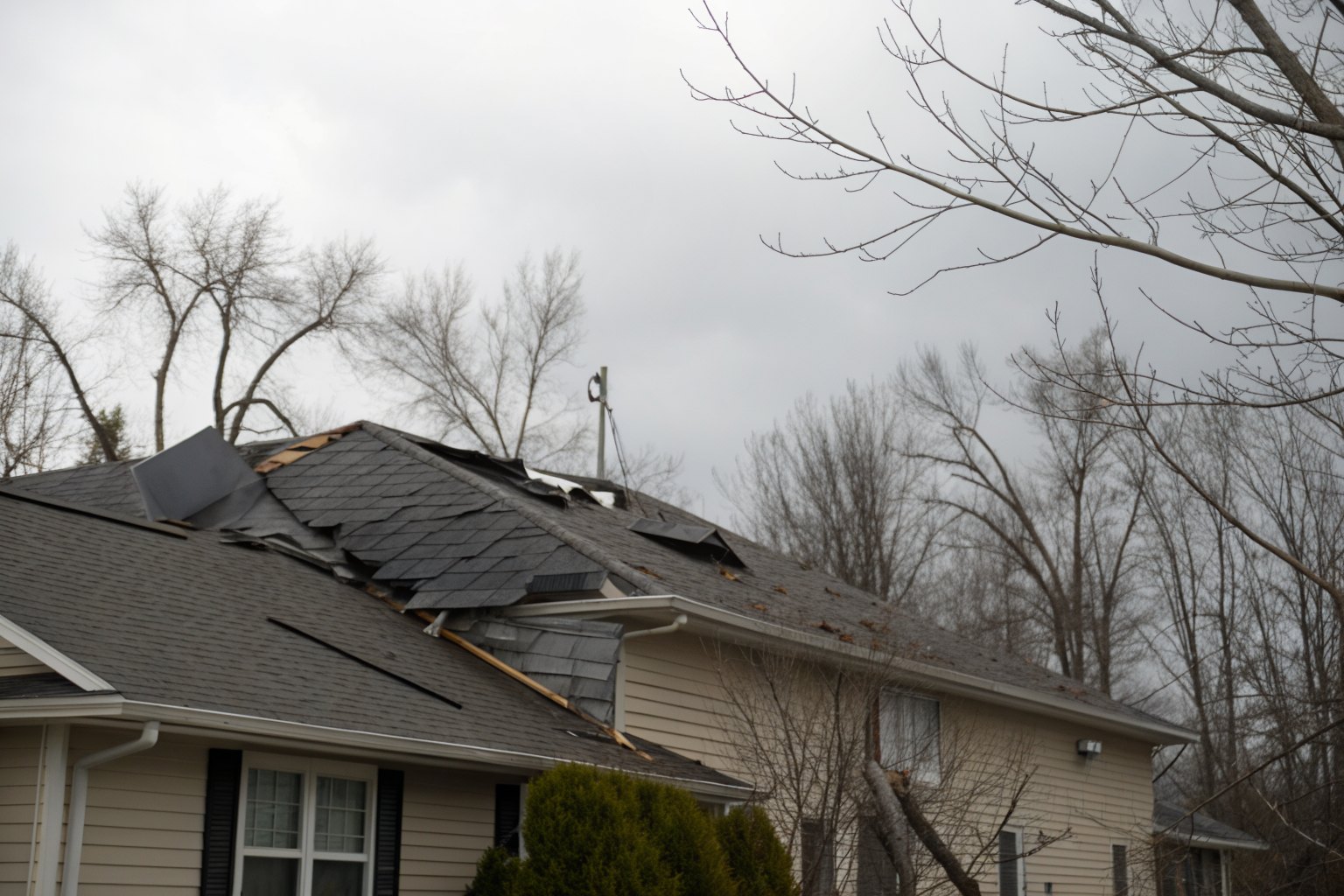 Shingles torn loose and folded back along a roof ridge after a windstorm