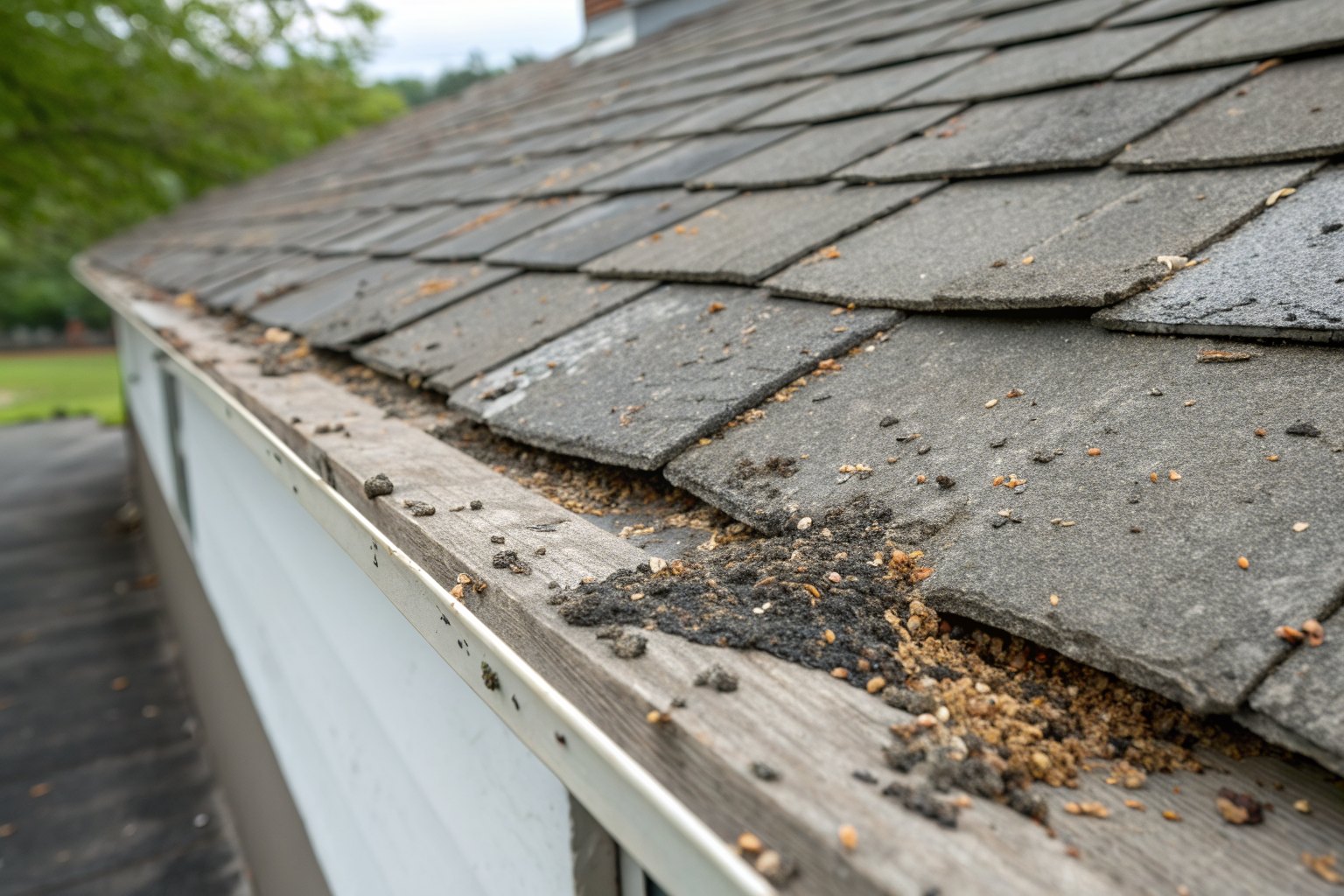 Close view of worn asphalt shingles with bare spots, granules washed into the gutter